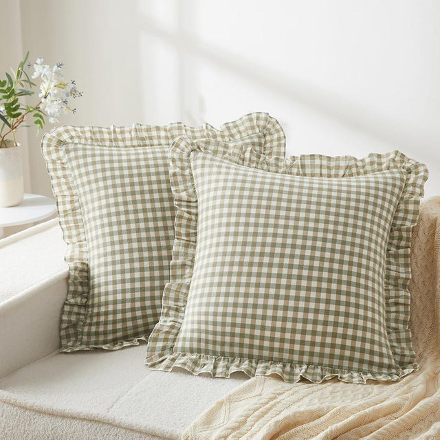 KKJIAF Ruffle Gingham Pillow Covers 26 x 26 Inches, Cotton Plaid Throw Pillow Shams Set of 2, Linen Feel Ruffled Plaid Pillow Cases with Envelope Closure for Sofa Bed (Sage Green Plaid)