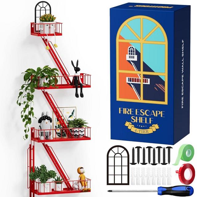 PROTITOUS Fire Escape Shelf- New York Industrial Metal Shelf with Decorative Window Design, Modular Floating Shelves for Bedroom, Living Room & Home Décor, Action Figure Display (Red,4-Tier)
