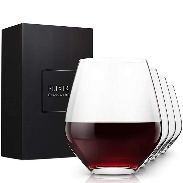 Stemless Red Wine Glasses Set of 4 - Hand Blown Crystal Stemless Wine Glasses - Unique Large Wine Glasses For Cabernet, Pinot Noir, Burgundy, Bordeaux - Elixir Glassware - 18oz, Clear