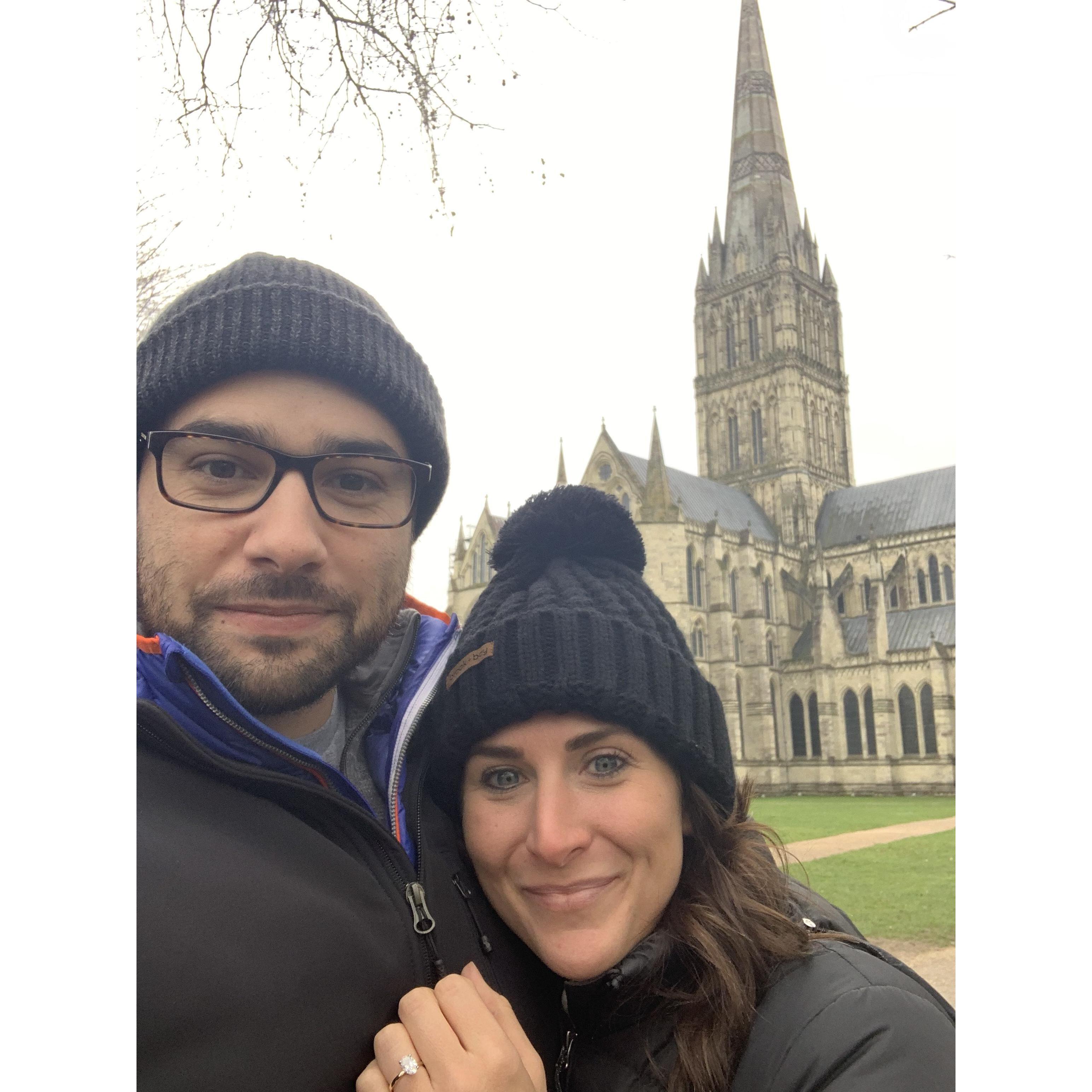 A few days after he popped the question! We took a day trip to Stonehenge and stumbled upon Salisbury Cathedral. We hadn't announced it yet, and ended up using this picture to break the news.