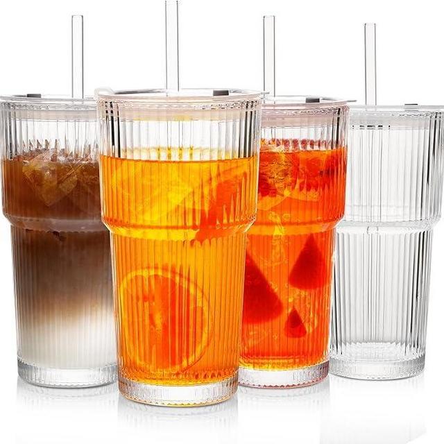 Snextek 20 oz Glass Tumbler With Lids and Straw 4 Packs, Vintage Ribbed Iced Coffee Cups Leakage, Reuseable Drinking Juice Smoothies Glassware Cup