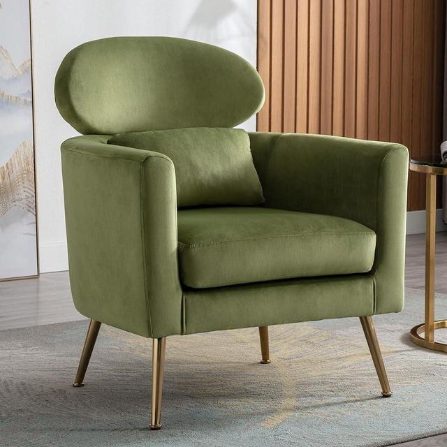 DM Furniture Velvet Accent Chair Comfy Living Room Chair Slipper Chair Mid Century Single Sofa Arm Chair with Golden Legs and Pillow for Bedroom/Guest Room, Olive Green