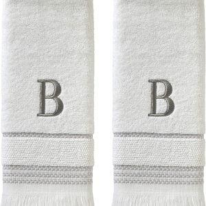 SKL Home Casual Monogram Hand Towel Set, B, 16x26, White 2 Count