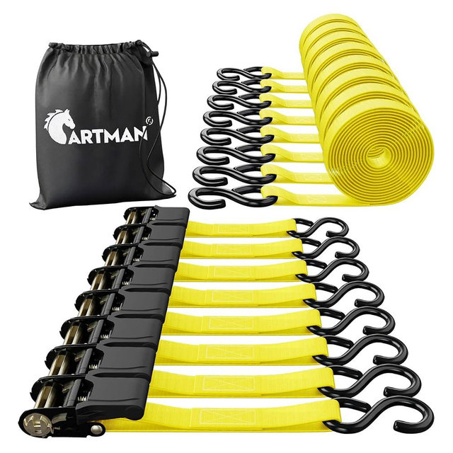 Cartman Ratchet Tie Down, 8Pk 15Ft, 500Lbs Load Cap/ 1500Lbs Break Strength, Cargo Straps for Moving Appliances, Lawn Equipment, Motorcycle in a Truck, with Carry Bag