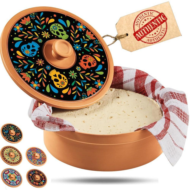woobud Sugar Skull Tortilla Warmer Day of the Dead - Authentic Terracotta Tortilla Holder with Warmer Cloth, Mexican Día de Muertos Calavera Tortillero, Clay Bread Warmer for Roti Pancake Naan