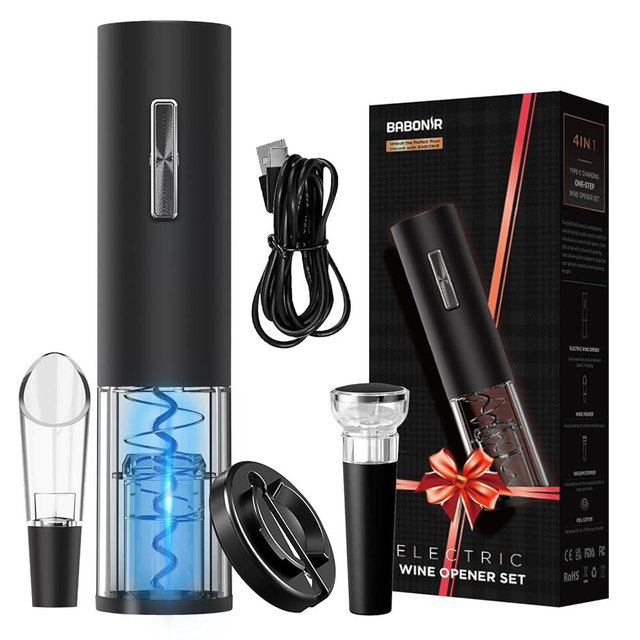 BABONIR Rechargeable Electric Bottle Wine Opener Set - Automatic Electronic Corkscrew with Greeting Card, Vacuum Stopper, Pourer, and Foil Cutter - Ideal Christmas giving for Wine Lovers, Parties, Bar