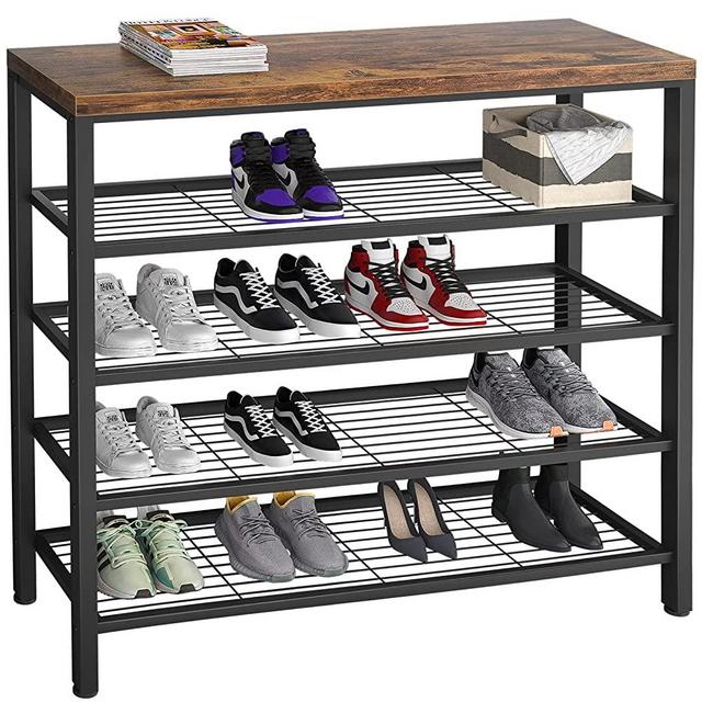 Homfio Shoe Rack, Industrial Shoe Storage Organizer, Large 5-Tier Metal Shoe Rack Shelves with Wood Board, Entryway Table for Hallway, Living Room, Closet, Bedroom