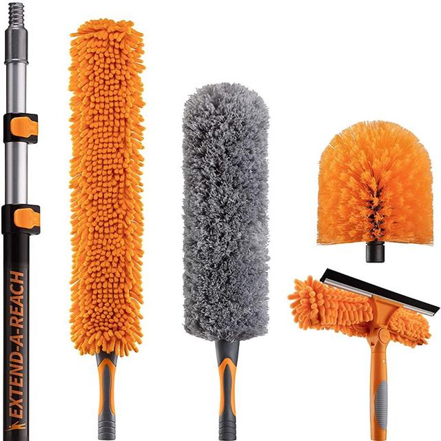 20 Foot High Reach Duster Kit with 5-12 ft Extension Pole // High Ceiling Duster Cleaning Kit with Telescopic Pole // Window Squeegee, Cobweb Brush, Fan and Feather Dusters // The Ultimate Dusting Kit