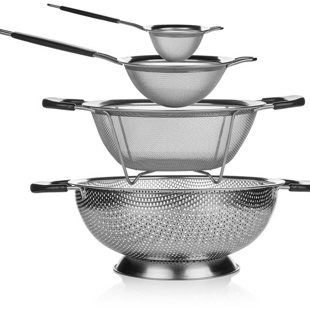 Elite Kitchen Strainer and Colander Set - 4 Piece Stainless Steel Strainers Set Includes Large Colander, Fine Mesh Strainer, Sifter and Sieve - Food Strainers, Spaghetti Strainer, Quinoa Strainer