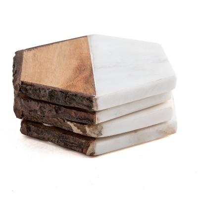 4pk Marble and Acacia Wood Hexagon Coasters - Thirstystone