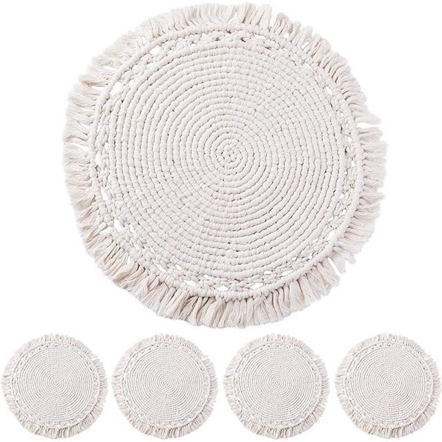 SnugLife Macrame Placemats Set of 4 - Handmade Cotton Woven Boho Placemats - Modern Farmhouse Fringe Placemats for Dining Table, Kitchen, Bohemian Wedding Décor, Rustic Natural Off White, 16" (4)