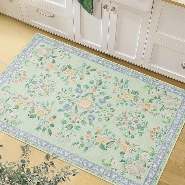 MUJOO Small Rug Washable,Green 2x3 Area Rugs for Entryway,Floral Front Door Mat Indoor Entrance Entry Way,Boho Kitchen Bathroom Floor Rug Throw Carpet Non Slip Low Pile Vintage
