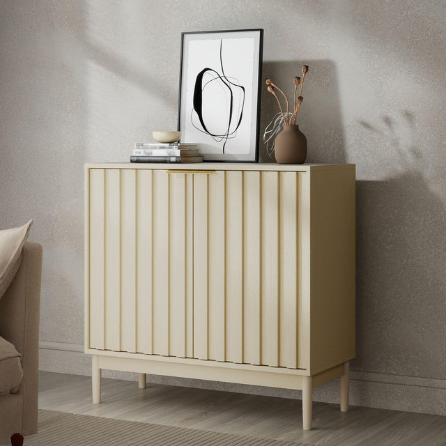 31" Fluted Sideboard Buffet Cabinet with Storage, Coffee Bar Cabinet with Adjustable Shelve,Beige