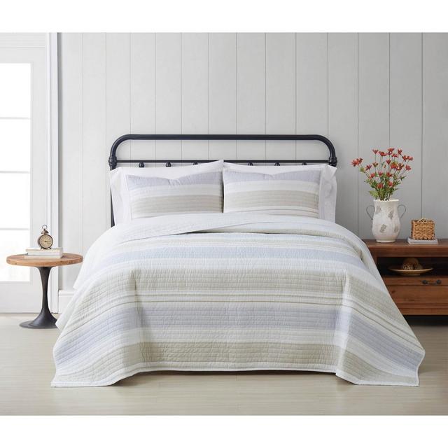 Full/Queen 3pc Spa Stripe Quilt Set Blue/Tan - Cottage Classics