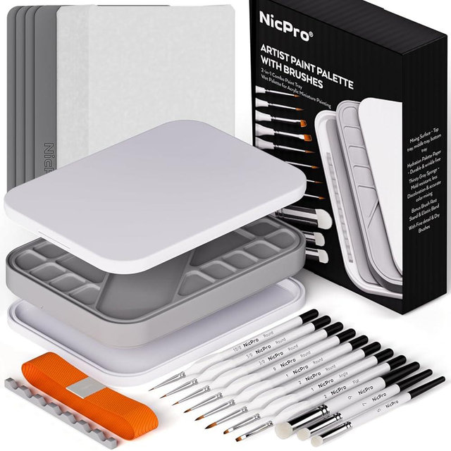 Nicpro Miniature Painting Kit with Wet Palette & 11PCS Detail Paint Brushes Drybrush, 100PCS Wet Pallet Paper, 4PCS Sponge, Brush Holder Mixing Paint Saver Palette for Miniature Model Painting