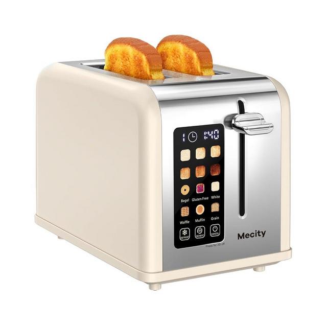 Mecity 2 Slice Toaster Touch Screen 1.5" Wide Slot, Stainless Steel Smart Bread Toaster for Bagel Muffin Waffle Gluten Free Breads, Timer, Defrost, Reheat, 120V 825W, Cream
