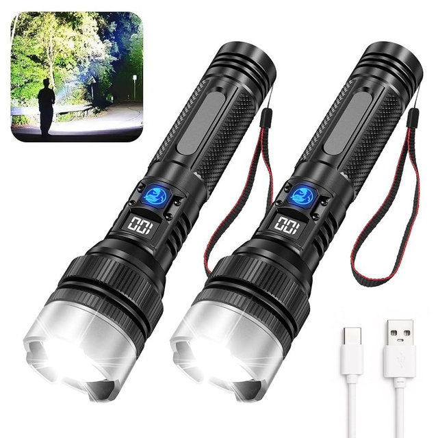 JMNGSHU High Lumen Flashlight with 10000 Lumens 16-Hour Runtime, 3 Modes, Telescopic Zoom, Waterproof, Type-C Fast Charging,Compact Handheld Flashlight for Hiking, Hurricane Prep