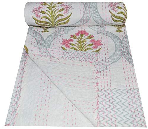YUVANCRAFTS Indian Block Print Quilt Queen Kantha Quilts Kantha Throw Kantha Bedspread Blanket Cotton Bed Cover Quilt Boho Kantha Quilts Bedspread (White, Twin 90 X 60 Inch)