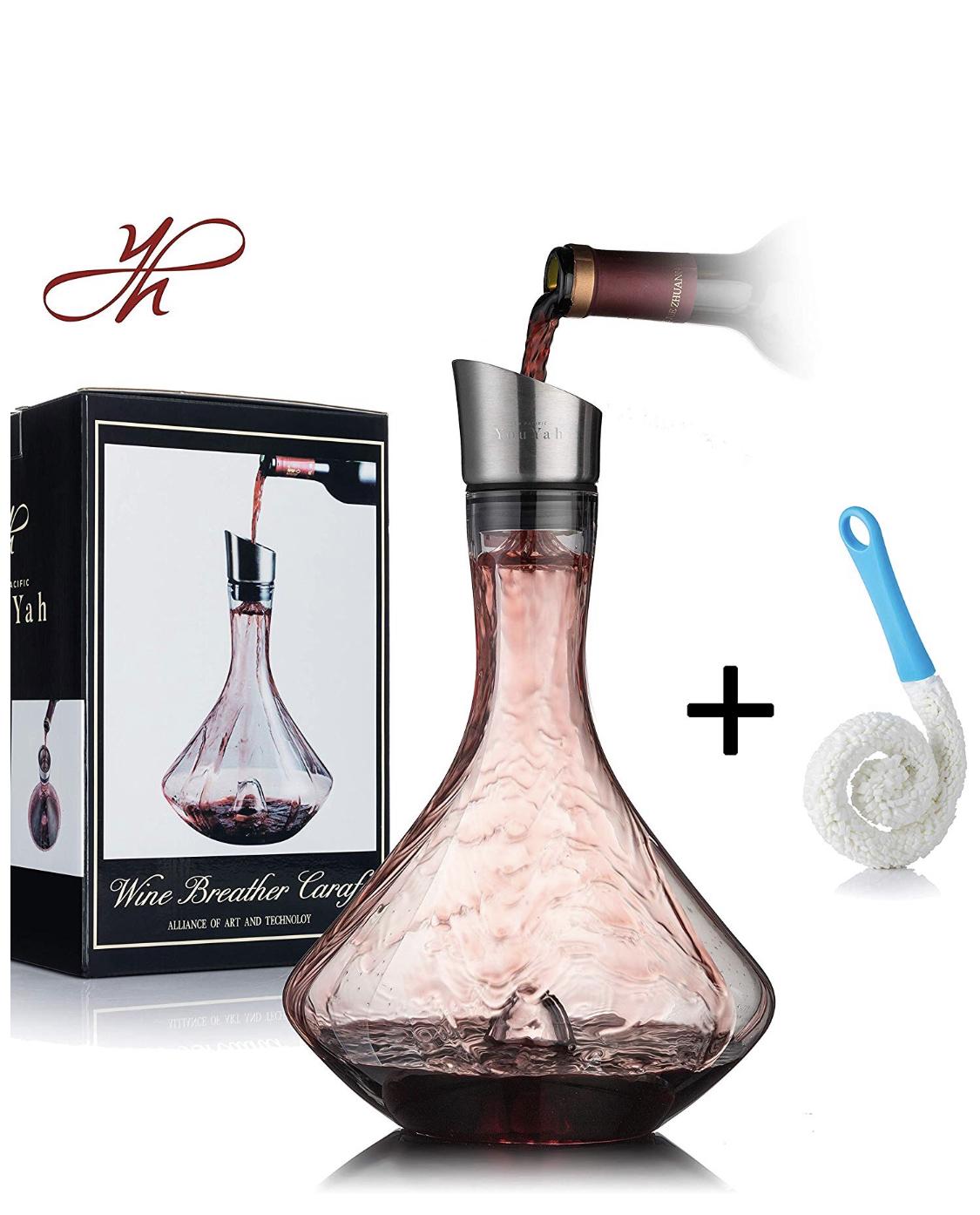YouYah Wine Decanter,Red Wine Carafe with Built-in-Aerator, Stainless Steel Pourer Lid, Filter, 100% Hand Blown Lead-free Crystal Glass,Wine Gift(All New Packing)