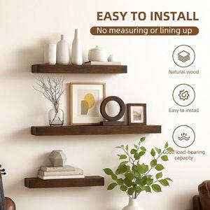 Floating Shelves for Wall, 23.6 inch Long Set of 3 Wood Rustic Wall Mounted Shelves, Display Shelf with Invisible Heavy, Large Deep Shelves for Home Decor & Storage for Living Room, Kitchen