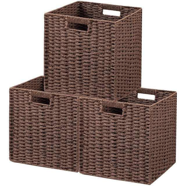 UBBCARE 3 Pack Wicker Basket, 11L×11H×10.5W inch Woven Paper Rope Storage Baskets for shelves, Foldable Cube Storage bin with Handle, Storage Basket for Organizing & Decor, Brown