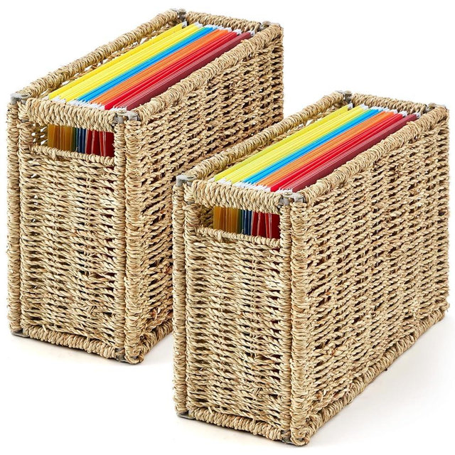 2 Pcs Seagrass Hanging File Box 14.5 x 6 x 10.8 Inch Collapsible Portable Decorative Filing Basket, Letter Size Woven File Organizer Decorative Storage Basket for Home Office Document Filing Decor