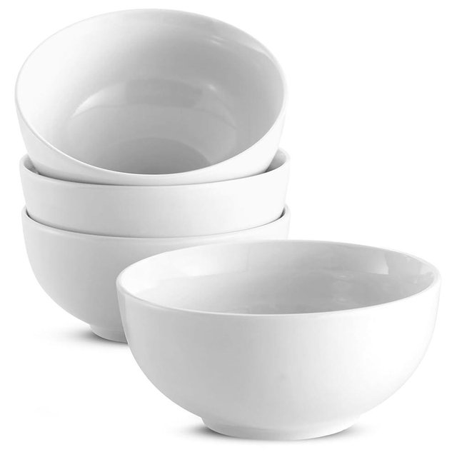 KooK Ceramic Soup Bowls, Cereal Bowl, Microwave, Dishwasher and Freezer Safe, Porcelain Dishes for Pasta, Salad, Oatmeal, Deep Interior, 20 oz, Set of 4, Marshmallow White