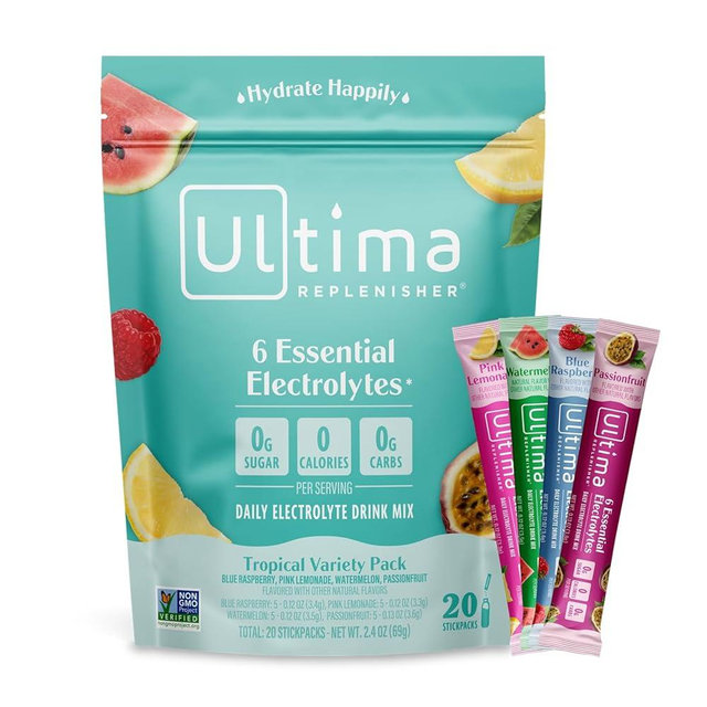 Ultima Replenisher Daily Electrolyte Powder Drink Mix – Tropical Variety, 20 Stickpacks – Hydration Packets with 6 Electrolytes and Minerals – Keto Friendly, Non-GMO and Sugar-Free