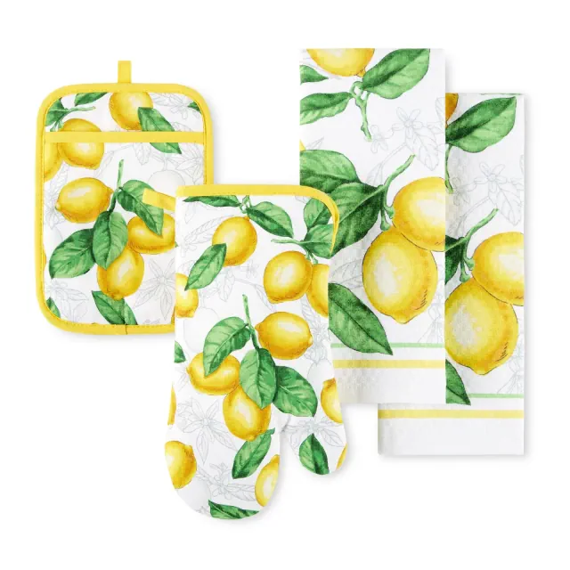 Martha Stewart Lots Of Lemons Modern Kitchen Towel, Oven Mitt & Potholder Set 4-Pack, White-Yellow, 2KT: 16"x28", OM: 7"x13", PH: 7"x10"