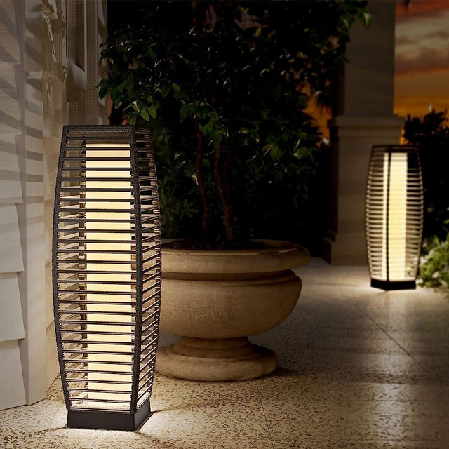 Grand patio Floor Lamp Outdoor Lamp Patio Lights Solar Powered Lantern Weather–Resistant Rattan Deck Lights, Lamp Large-Sized for Garden