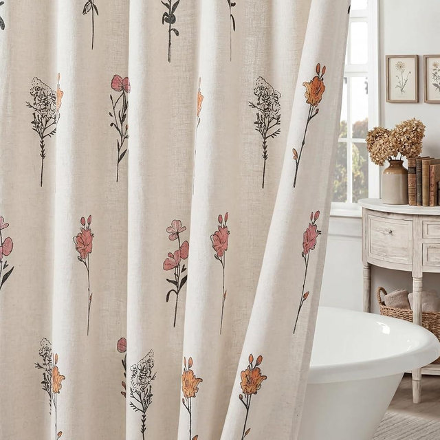 Tegeme Floral Linen Shower Curtain Vintage Cotton Linen Cottagecore Shower Curtain with Hooks Bathroom Decor for Cute Preppy Aesthetic Boho French Country Spring Housewarming Gift 72 x 72 Inch