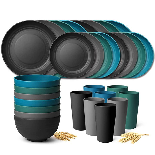 Teivio 32-Piece Kitchen Plastic Wheat Straw Dinnerware Set, Service for 8, Dinner Plates, Dessert Plate, Cereal Bowls, Cups, Unbreakable Plastic Outdoor Camping Dishes, Coastal Multicolor