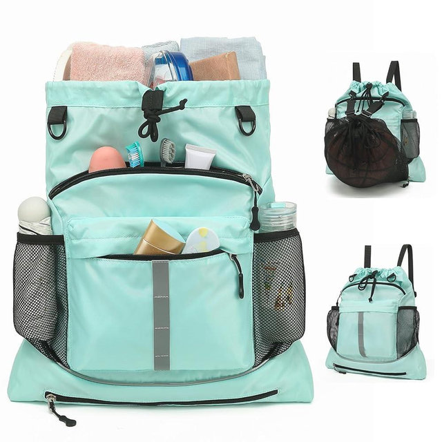 ASKSKY Drawstring Backpack, Waterproof Sandproof Beach Backpack for Sport Gear Small Gym Bag with Hidden Ball Net Pocket and Seperated Wet Pocket Draw String Back Bag for Women Men, Green