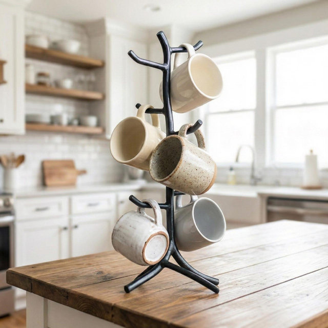 Iron Mug Tree – Holds 6 Mugs – Twig – American Made by Urban Forge – Coal Black Finish