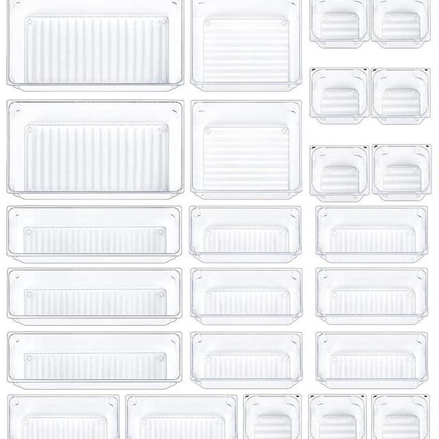 Mebbay 24 Pcs Drawer Organizer Bathroom Desk Clear Drawer Trays Versatile Drawer Dividers 5 Size Storage Bins for Utensil Dresser Office Kitchen