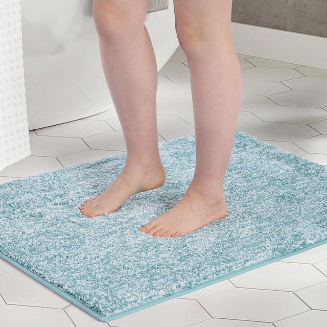 FRESHMINT Melange Tufted Bathroom Rugs 17"x24", Water Absorbent Soft Bath Mat for Bathroom Floor, Non Slip & Washable Shower Mat, Room Accessories Microfiber Bathroom Mat, Aqua & White