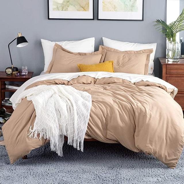 Bedsure Duvet Covers King Size Khaki, Ultra Soft Washed Cotton Like Comforter Cover Sets 3 Pieces with Zipper Closure (1 Duvet Cover 104x90 inches + 2 Pillow Shams)