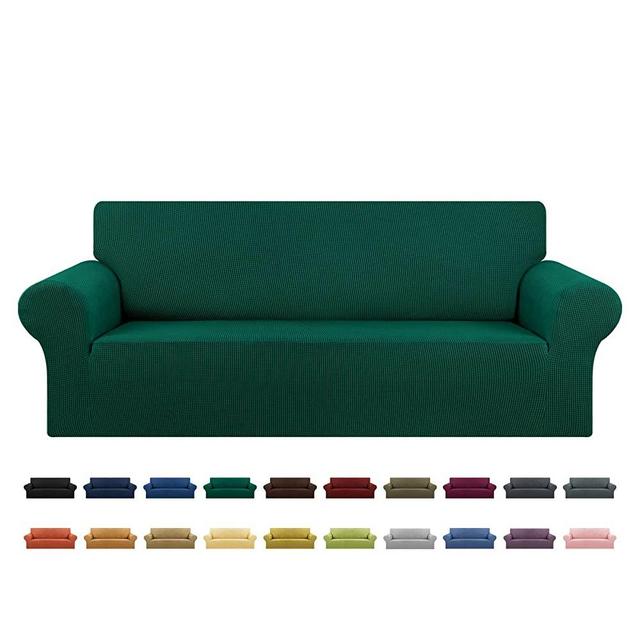 KEKUOU Stretch Sofa Cover Slipcover 1 Piece Couch Sofa Cover (79"-94") Furniture Protector 3 Seater Sofa with Elastic Bottom for Kids,Pet.Jacquard Small Checked Pattern Fabric(Large,Hunter)