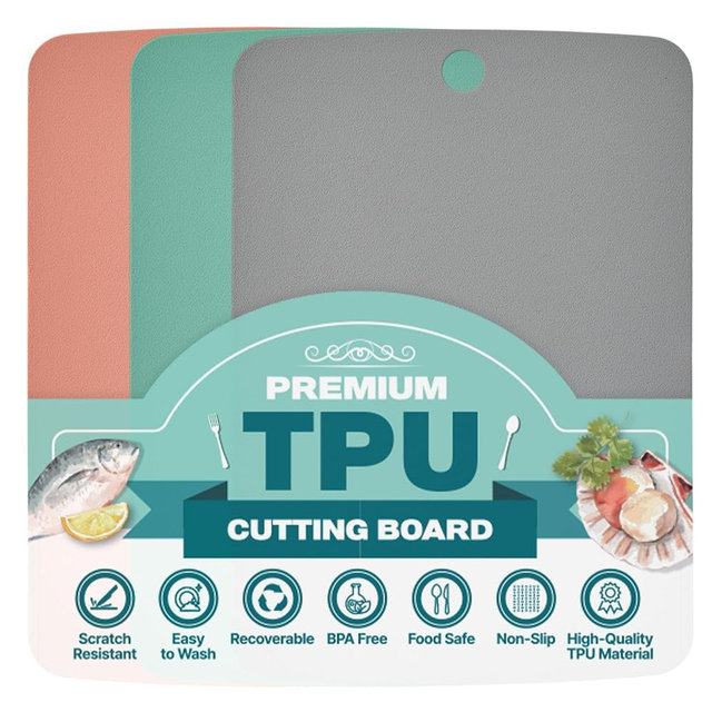 Firgi TPU Small Cutting Board Set of 3 9"x12" - Flexible Cutting Mats for Kitchen Knife Friendly, Cutting Mat Non-Slip Chopping Board Double Sided Scratch Resistant Food Grade Coral Mint Gray