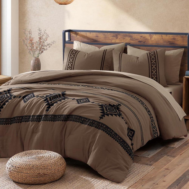 MaiRêve Embroidery King Size Comforter Set Brown, Boho Farmhouse Western Bedding Set 7 Pieces, All Season Bed in A Bag Comforter Set with Sheets, Pillowcases & Shams