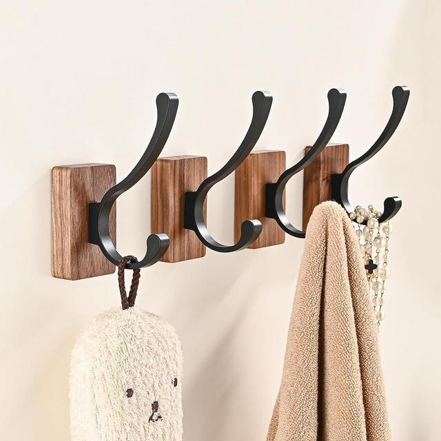 LECHYN 4 Pack Wooden Wall Hooks for Hanging, Adhesive Mounted & Wall Mount Nature Wood Coat Hooks for Towel Clothes Blanket Hat Backpack Robe Nursery Door Board Entryway Key Holder