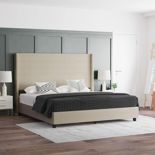 EMMA + OLIVER Nora Wingback Platform Bed - Beige Faux Linen Upholstery - Durable Engineered Wood Frame - No Box Spring Needed - Lightweight Design - King