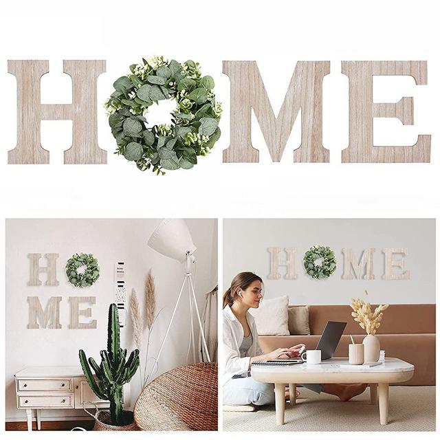 Wooden Home Sign Wall Hanging Decor Wood Home Letters for Wall Art with Artificial Eucalyptus Wreath Rustic Home Decor Farmhouse, Wall Decor for Living Room Entryway Housewarming Gift (Natural)