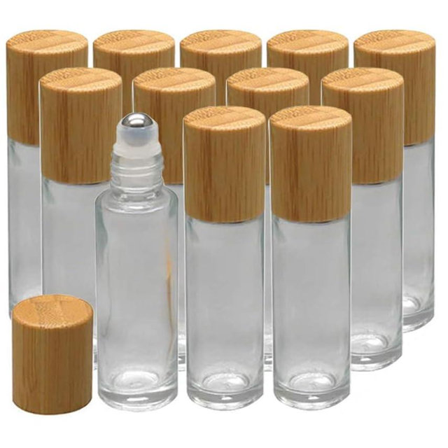12Pcs 10ml Glass Roll On Bottle with Bamboo Lid for Essential Oils, Creatiee Eco-friendly Refillable Clear Perfume Sample Bottles with Stainless Steel Roller Ball - Portable & Practical…