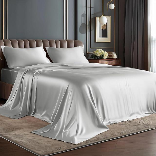 BEDELITE Satin Sheets Queen Size Bed Set, Luxury Soft Grey Silky Sheets for Hair and Skin, Similar to Silk Bed Sheets Set 4 Pieces with 1 Deep Pocket Fitted Sheet, 1 Flat Sheet, and 2 Pillowcases