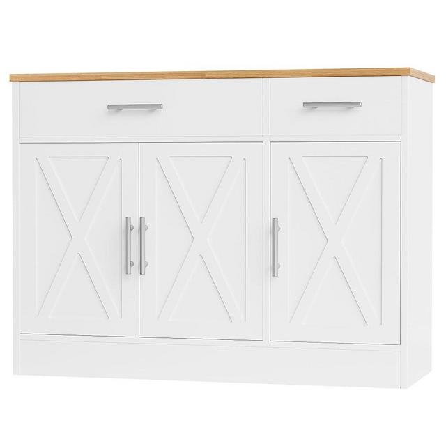 Shintenchi Modern Farmhouse Sideboard Buffet Cabinet with Storage with 3 Doors,42" Barn Doors Buffet Cabinet with Storage, Wood Coffee Bar Cabinet with Adjustable Shelf for Kitchen Living Room,White