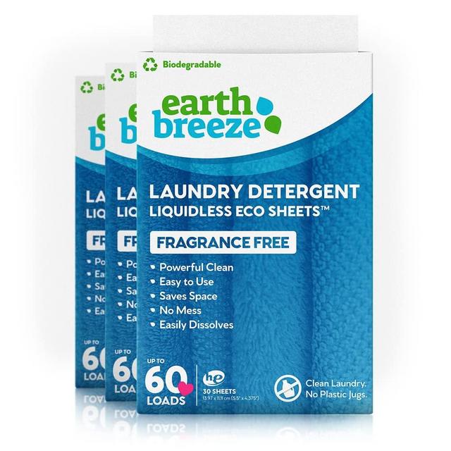 Earth Breeze - Liquid-less Laundry Detergent Sheets - Fragrance Free - No Plastic Jug (180 Loads) 90 Sheets (Pack of 3)