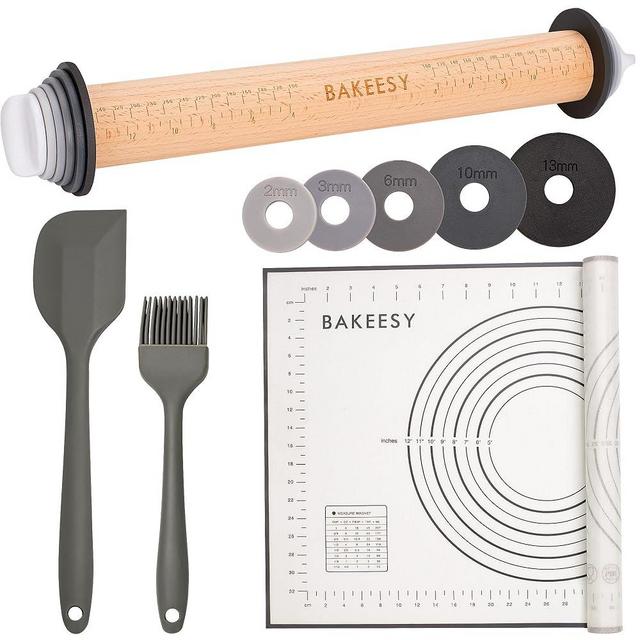 Bakeesy's 14' Wooden Rolling Pin Set with 5 Adjustable Thickness Rings - Roller Pin for Rolling Pizza, Cookie Dough, Pastry, Ravioli, Clay Slab - Full Set with Accessories - Perfect Baking experience