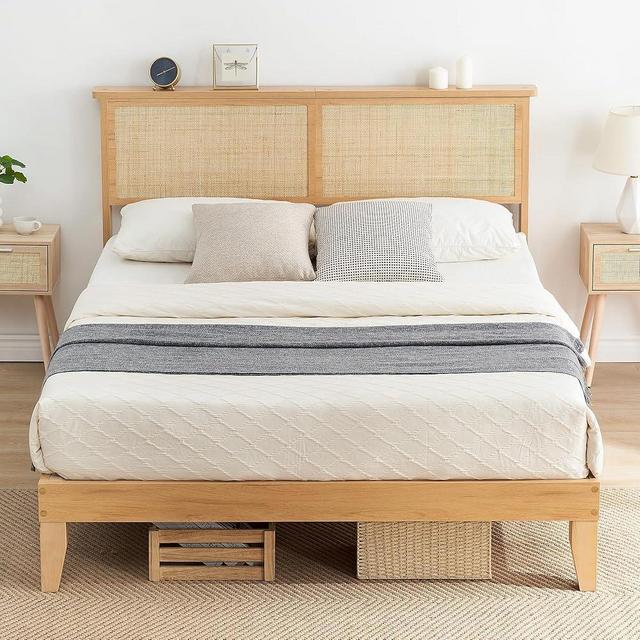 coucheta Rattan Bed Frame Queen with Natural Rattan Headboard,Queen Bed Frame with LED Lights,Rattan Queen Bed Frame with Headboard,Solid Wood Foundation with Silent Slats,No Box Spring Needed(Queen)