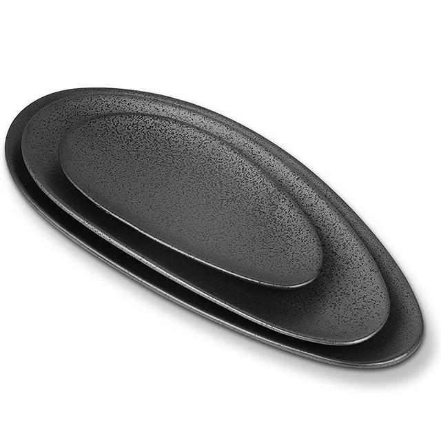 VICRAYS Large Oval Serving Platters, 16"/14"/10" Porcelain Serving Platters for Party, BBQ,Stackable Serving Trays Serving Plates for Appetizers, Sushi, Restaurant, Dessert Shop, Set of 3 (Dark Grey)